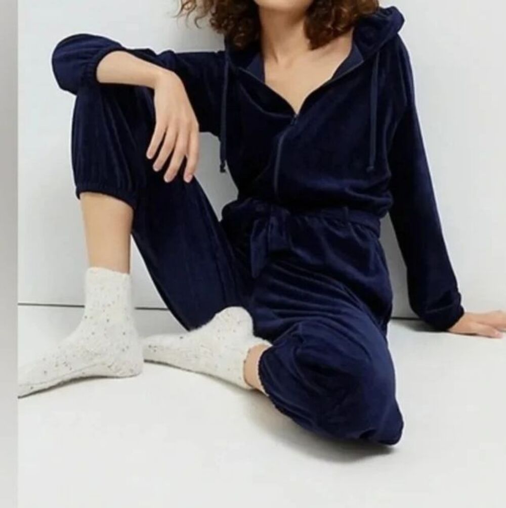 SATURDAY SUNDAY x ANTHROPOLOGIE Navy Blue Velour Hooded Jumpsuit Size L